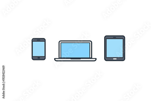 Minimalist vector illustration featuring a mobile phone, a portable laptop, and a digital tablet with glowing blue screens isolated on a dark black background.