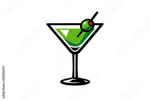 A minimalist illustration of a martini glass filled with green liquid and a single green olive with a red pimento, set against a solid black background in a clean graphic style.