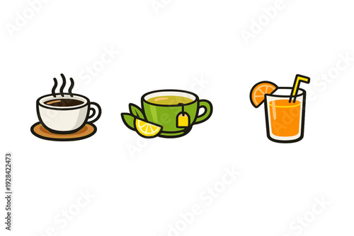 Three stylized beverage icons featuring a steaming cup of coffee, a green tea cup with a lemon slice and tea bag, and a glass of orange juice with a straw on a black background.
