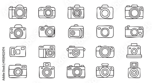 Variety of hand-drawn camera icons in different styles and models