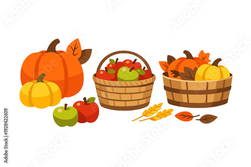 A collection of autumn harvest illustrations featuring orange and yellow pumpkins, red and green apples in a wicker basket, wheat stalks, and fallen leaves on a black background.