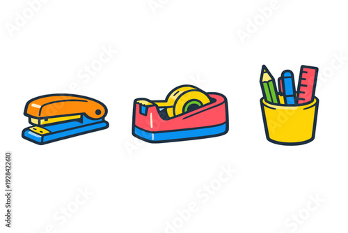A collection of colorful office supply illustrations including an orange stapler, a red tape dispenser, and a yellow pencil cup with stationery items on a black background.