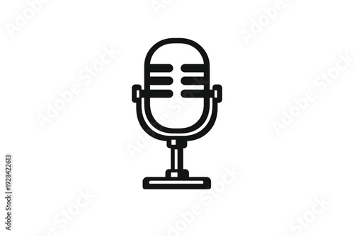 A minimalist black line art icon of a vintage studio microphone with a white outline on a stand, isolated on a dark background. This graphic represents audio recording, radio, and podcasting.