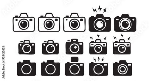Photography camera icon set collection with various digital and film dslr mirrorless camera styles