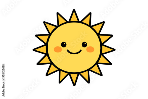 A cheerful yellow sun illustration with a smiling face and orange cheeks is centered on a solid black background. The sun features a simple black outline and sharp triangular rays.