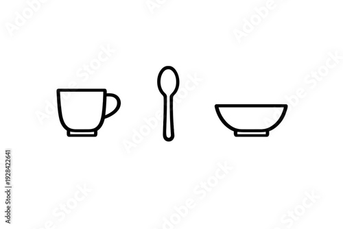 A minimalist line art illustration featuring a cup, a spoon, and a bowl arranged in a row against a solid black background. The simple white outlines create a clean and modern look.
