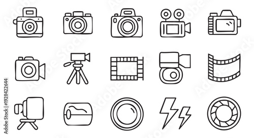Assortment of cameras, film, and tripod icons for photography themes