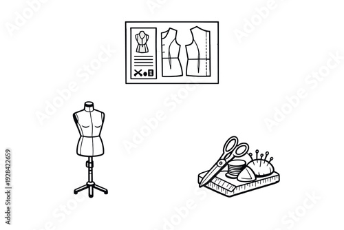 A black and white illustration featuring a dress form mannequin, a sewing pattern diagram, and various tailoring tools like scissors, thread, a pincushion, and a measuring tape.