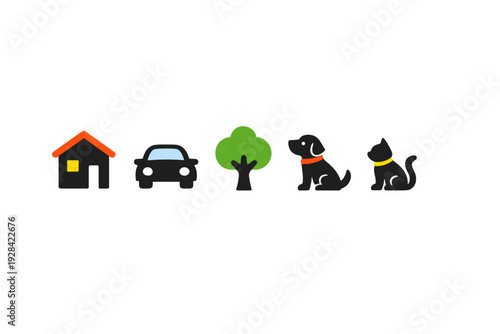 A row of five minimalist icons featuring a house with an orange roof, a black car, a green tree, a black dog with a red collar, and a black cat with a yellow collar on a black background.