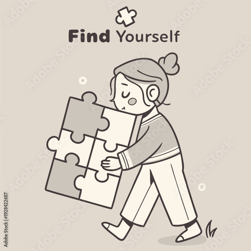 a character whose body is made of floating puzzle pieces with one missing at the center, minimalist conceptual illustration, neutral tones, include text ‘FIND YOURSELF’