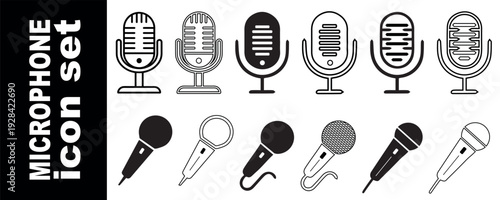 Microphone Icon Set – Outline and Solid Podcast Mic Vector Collection Isolated on White Background