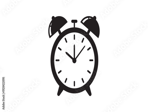 A black and white illustration of an analog alarm clock