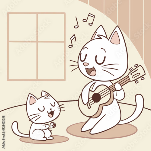 A cat plays his hand guitar, singing a song with a kitten. 