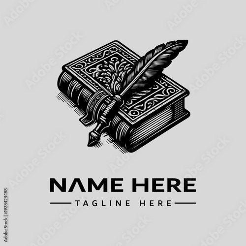 A detailed black and white illustration of a quill pen on an ornate book with a logo template and tagline space in a classic, monochromatic style against a clean background.