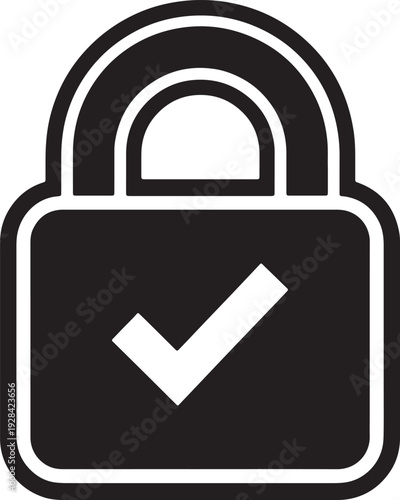 Black padlock with white checkmark symbol inside a rounded square also transparent background security