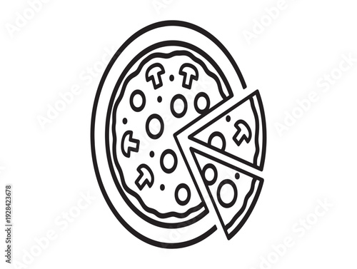 A black and white illustration of a pepperoni pizza with a slice cut out