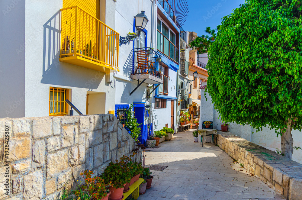 Obraz premium Alicante old town Santa Cruz with narrow street, typical white houses, traditional colorful buildings, Barri Vell Santa Creu Alacant in Alicante city historical centre, Valencian Community, Spain
