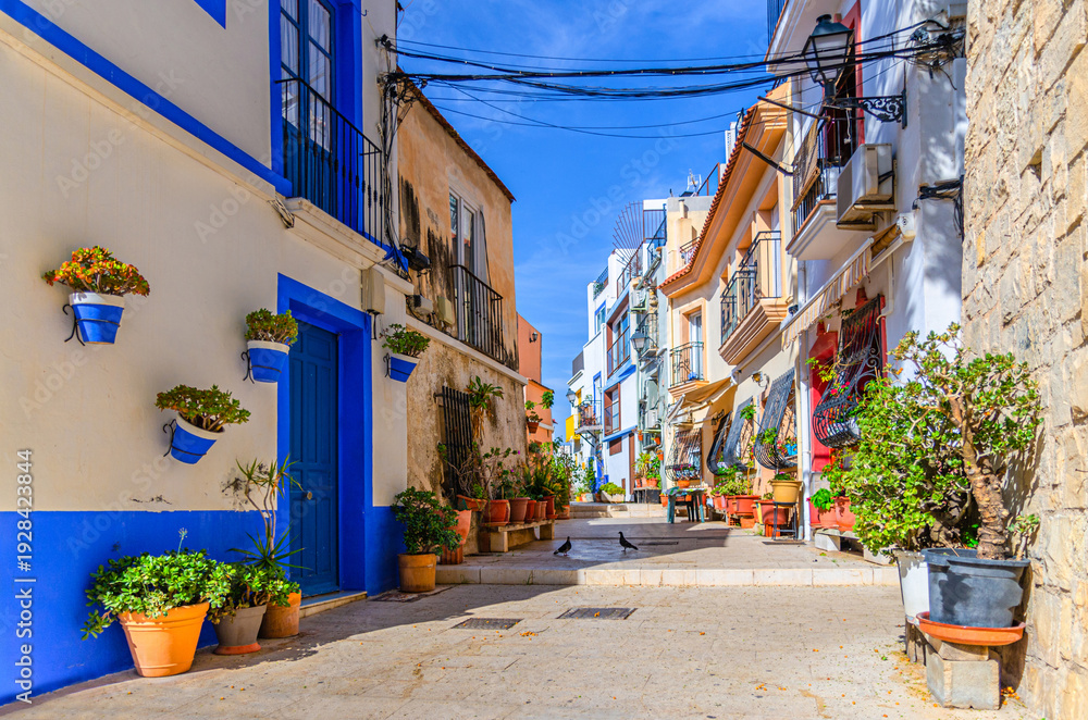 Fototapeta premium Alicante old town Barrio de Santa Cruz neighborhood with narrow street, typical white houses, traditional colorful buildings, Casco Antiguo Santa Cruz quarter in Alicante city historic centre, Spain