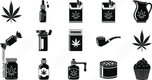 Cannabis Product Icon Set Featuring Edibles, Smoking Accessories, Oils, and Vape Items for Cannabis, Health, and Lifestyle Design Projects