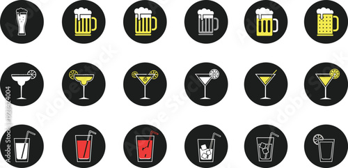 Cocktail and Beer Icon Set Featuring Drinks, Glasses, and Cocktails for Bar, Drink Menus, and Beverage Design Projects