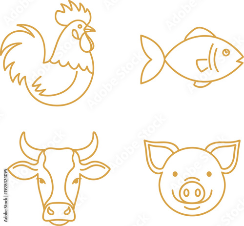 Farm Animal Line Art Icon Set Featuring Rooster, Cow, Fish, and Pig for Agriculture, Livestock, and Rural Design Projects