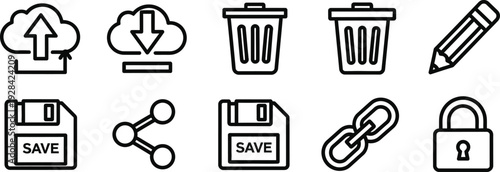 Icon bundle featuring cloud upload save link lock and trash icons for web and design use