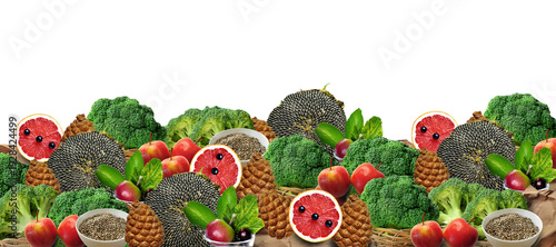 Healthy food patterns, vegetarian mix, image manipulation. Vegetables, fruits abstract. Apples, broccoli, seeds, grapefruits. Negative space. Body cleansing, Obesity reduction, vitamins source. PNG