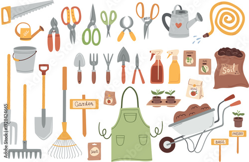 Set of vector images of gardening tools in flat style. Perfect for postcards, posters, articles, and websites.