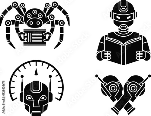 Robotics and Artificial Intelligence Icon Set Featuring Robot, Spiderbot, Cyborg, and AI Tech for Future Technology, Robotics, and Sci-Fi Design Projects