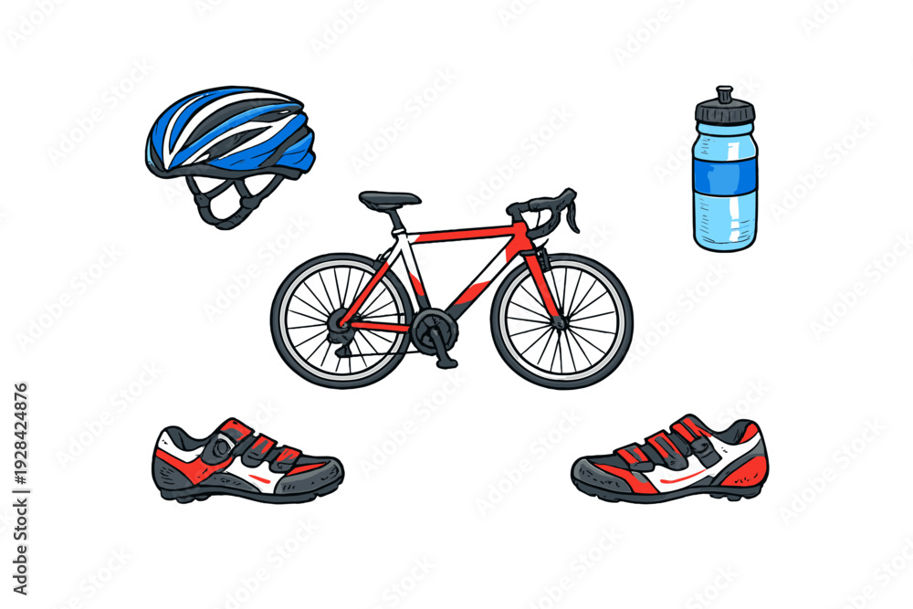 Fototapeta premium This illustration features a red and white road bicycle surrounded by essential cycling gear including a blue helmet, a water bottle, and a pair of red cycling shoes on a black background.