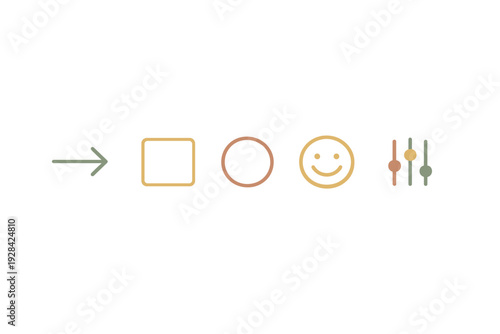 A series of minimalist icons including an arrow, square, circle, smiley face, and adjustment sliders displayed in a horizontal row against a solid black background.