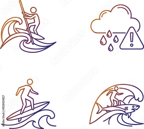 Surfing and Weather Warning Icon Set Featuring Surfboards, Paddleboarding, and Storm Alerts for Adventure, Weather, and Sports Design Projects