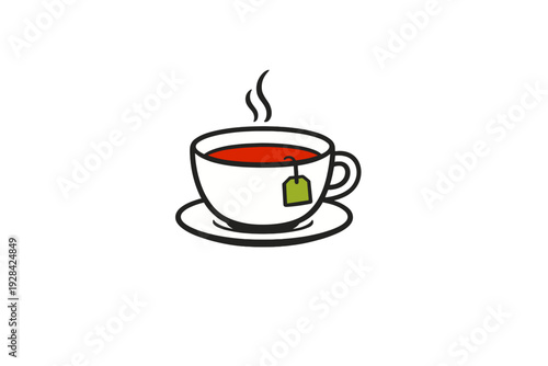 This minimalist graphic shows a white ceramic teacup on a saucer filled with dark tea and a green tea bag. Wisps of steam rise from the cup against a black background.