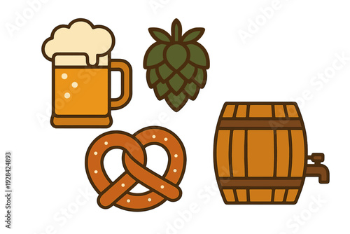 A collection of four flat icons featuring a frothy mug of beer, a green hop cone, a salted pretzel, and a wooden barrel with a tap, all set against a solid black background.