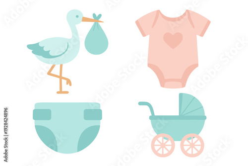 A collection of four baby-themed vector icons featuring a stork carrying a bundle, a pink bodysuit with a heart, a blue diaper, and a baby stroller, all set against a black background.
