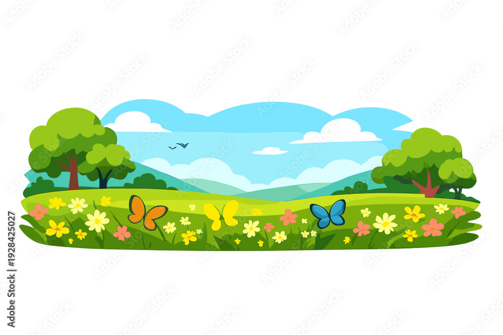 Naklejka premium A vibrant cartoon illustration of a sunny meadow filled with colorful flowers and butterflies, featuring green trees and rolling hills under a bright blue sky with white clouds.