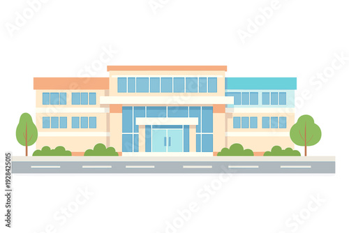 A flat vector illustration of a modern two-story building with a central glass entrance, numerous windows, and green trees on both sides, situated behind a gray road.