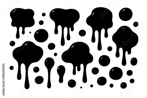 Small gray teardrop shapes are scattered across a dark black background in this minimalist graphic. The simple design suggests falling petals, rain, or abstract particles in space.