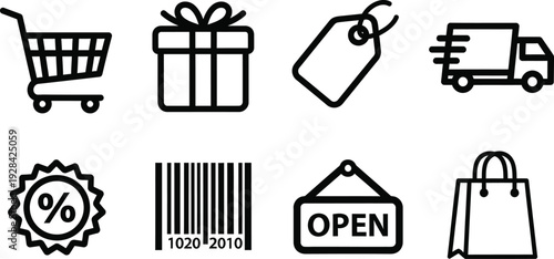 E commerce icon bundle shopping cart gift tag delivery discount barcode open sign and bag icons