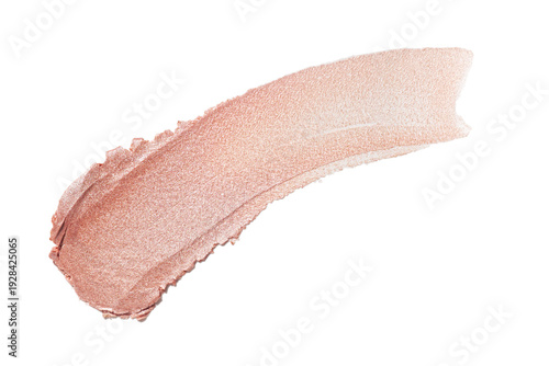 Creamy cosmetic texture smear with a shimmering pearl finish on a white background. Beauty product sample swatch of a liquid highlighter, rose gold eyeshadow, or pearlescent lip gloss. Elegant makeup 