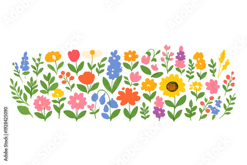 A horizontal arrangement of various hand-drawn colorful flowers and green leaves on a black background. The illustration features sunflowers, tulips, and bluebells in a flat style.