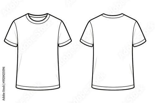 A technical flat sketch of a white short-sleeved t-shirt shown from the front and back views. This vector illustration is a blank template for fashion design and apparel mockups.