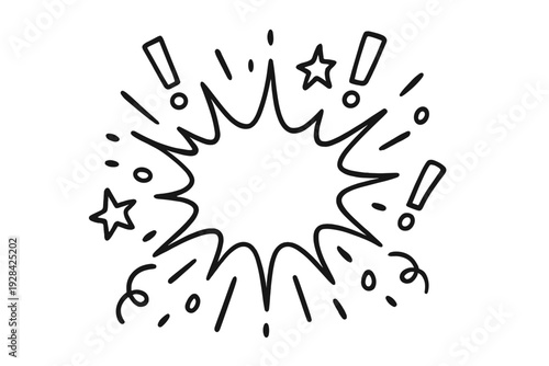 A black and white hand-drawn comic book explosion bubble with exclamation marks, stars, and decorative elements. This doodle style illustration is isolated on a white background.