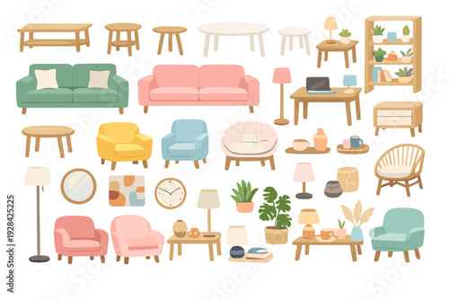 A collection of various furniture and home decor illustrations including sofas, armchairs, tables, lamps, and plants in a flat cartoon style on a black background.