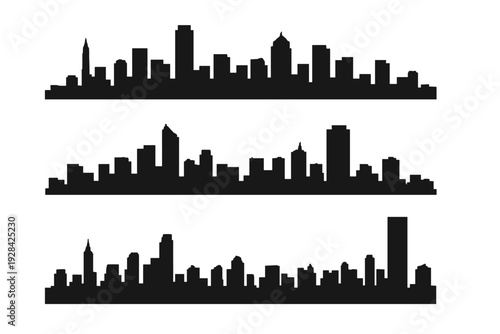 A collection of three distinct urban skyline silhouettes in black. Each row displays a variety of skyscraper shapes and building heights, creating a minimalist city landscape design.