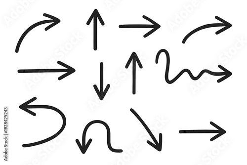 This set features several hand-drawn white arrows on a black background. The collection includes straight, curved, wavy, and u-turn arrows pointing in different directions.