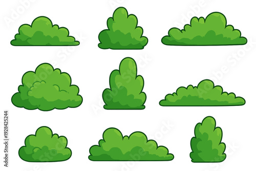 A collection of nine green cartoon bushes in various shapes and sizes, isolated on a black background. These stylized shrubs feature rounded leaves and simple shading for a 2D look.