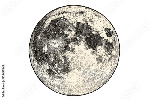 Detailed hand-drawn illustration of a full moon with craters and lunar maria on a solid black background. The vintage style sketch uses fine lines and cross-hatching for texture.
