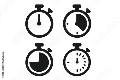A set of four minimalist stopwatch icons displayed on a solid black background. The icons represent different time intervals and progress stages using simple geometric shapes.