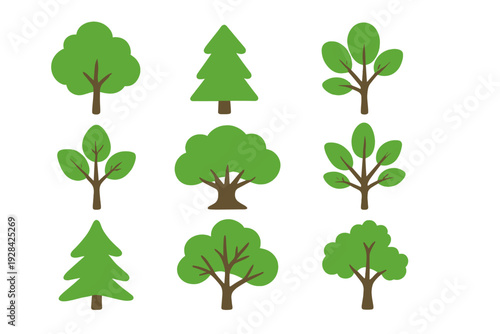 A collection of nine stylized green tree icons arranged in a grid on a black background. The set includes various shapes like pine and deciduous trees with brown trunks.